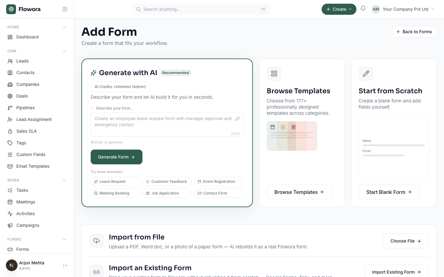 The Add Form page's Import from File option in Flowora