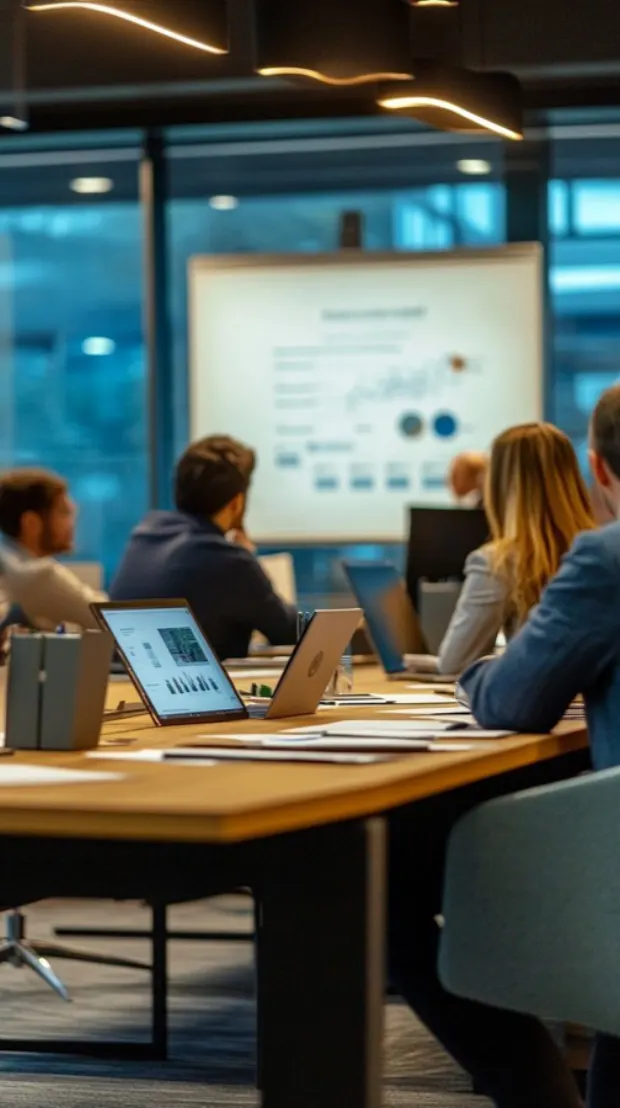 A team reviewing dashboards together in a meeting room